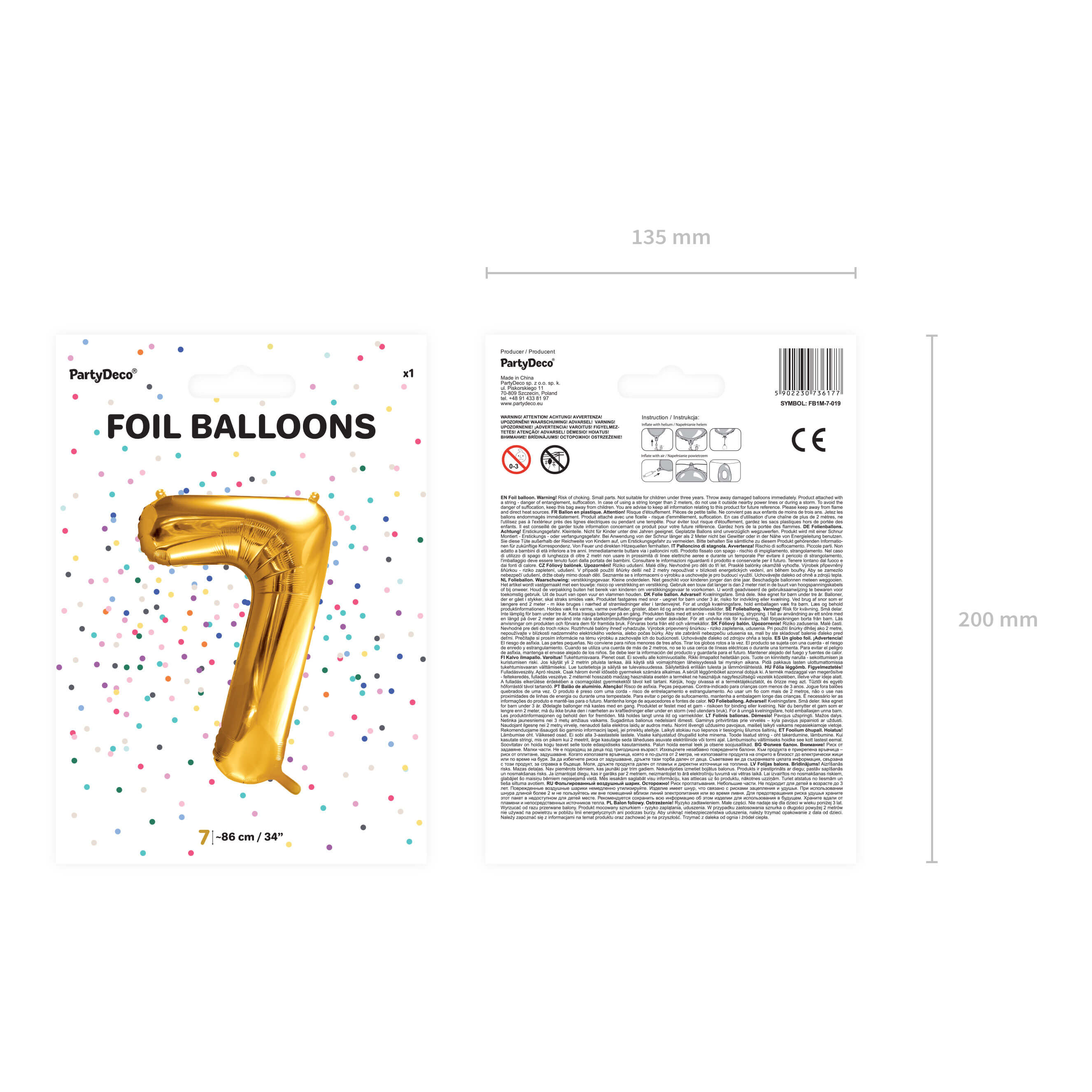 Folienballon Zahl 7 Gold, 86cm