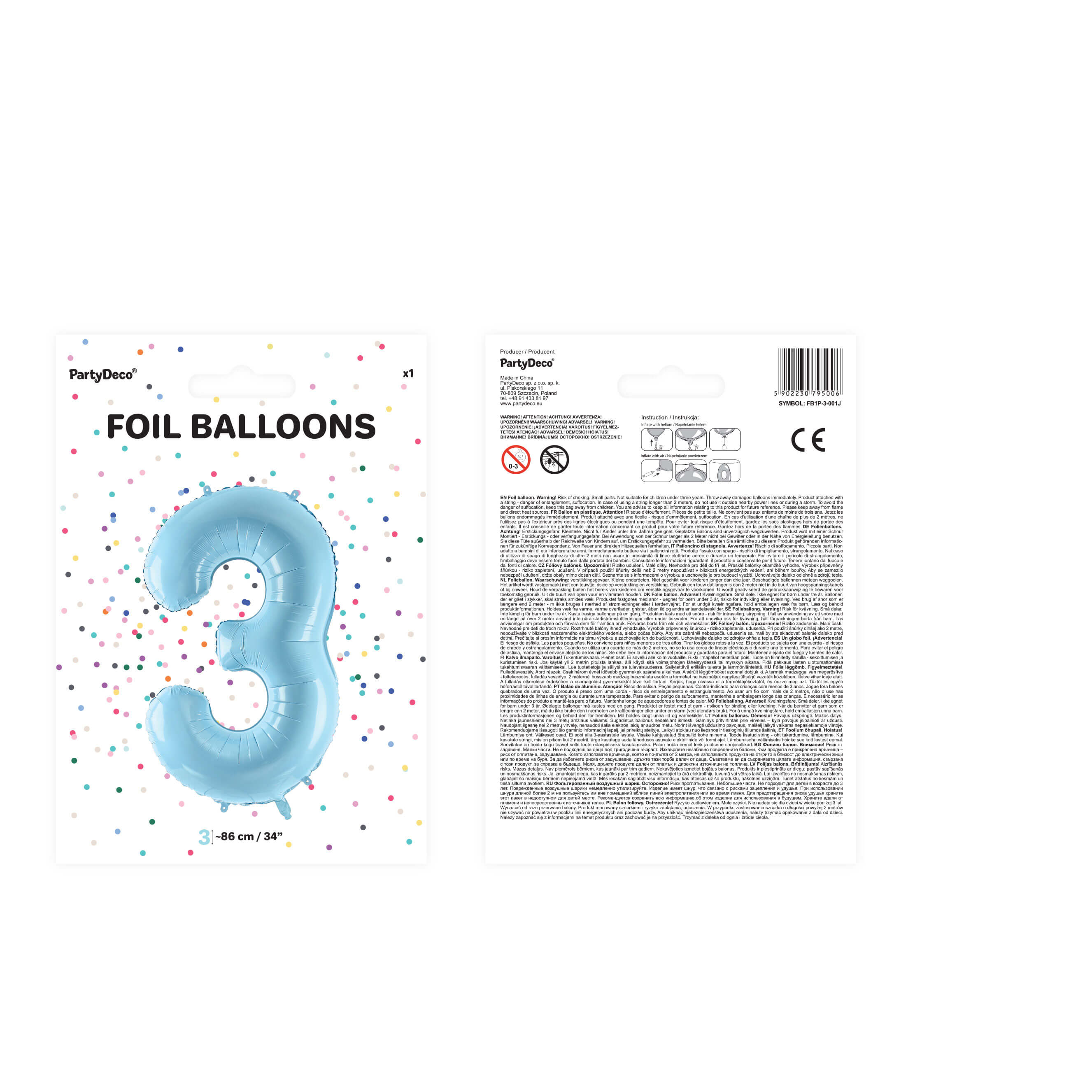 Folienballon Zahl 3 Hellblau, 86cm