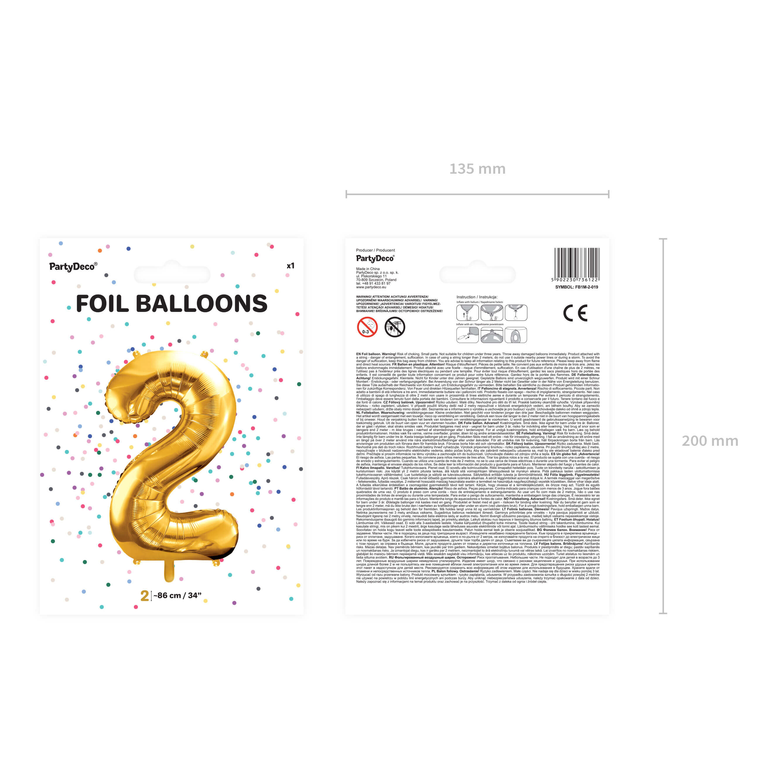 Folienballon Zahl 2 Gold, 86cm