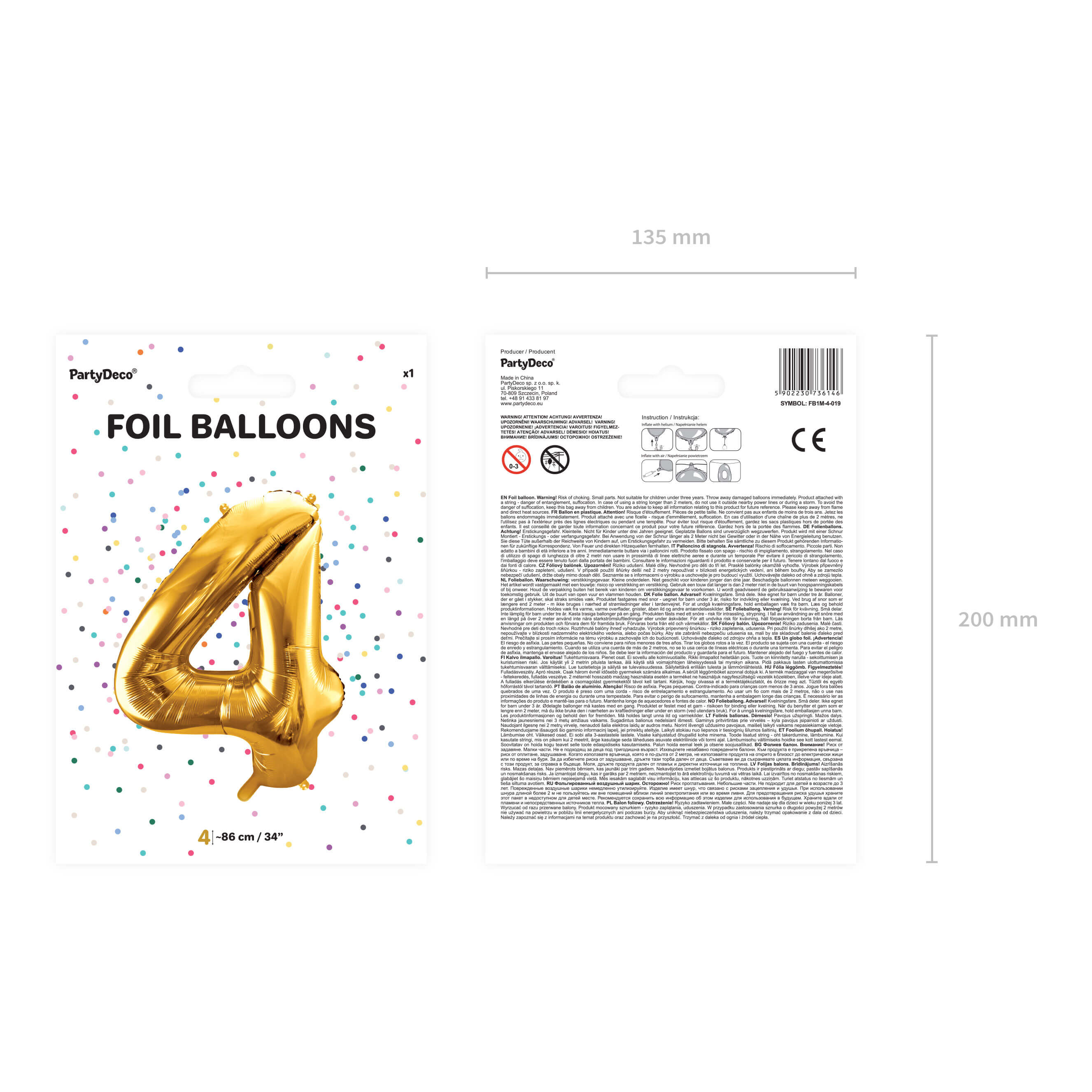 Folienballon Zahl 4 Gold, 86cm