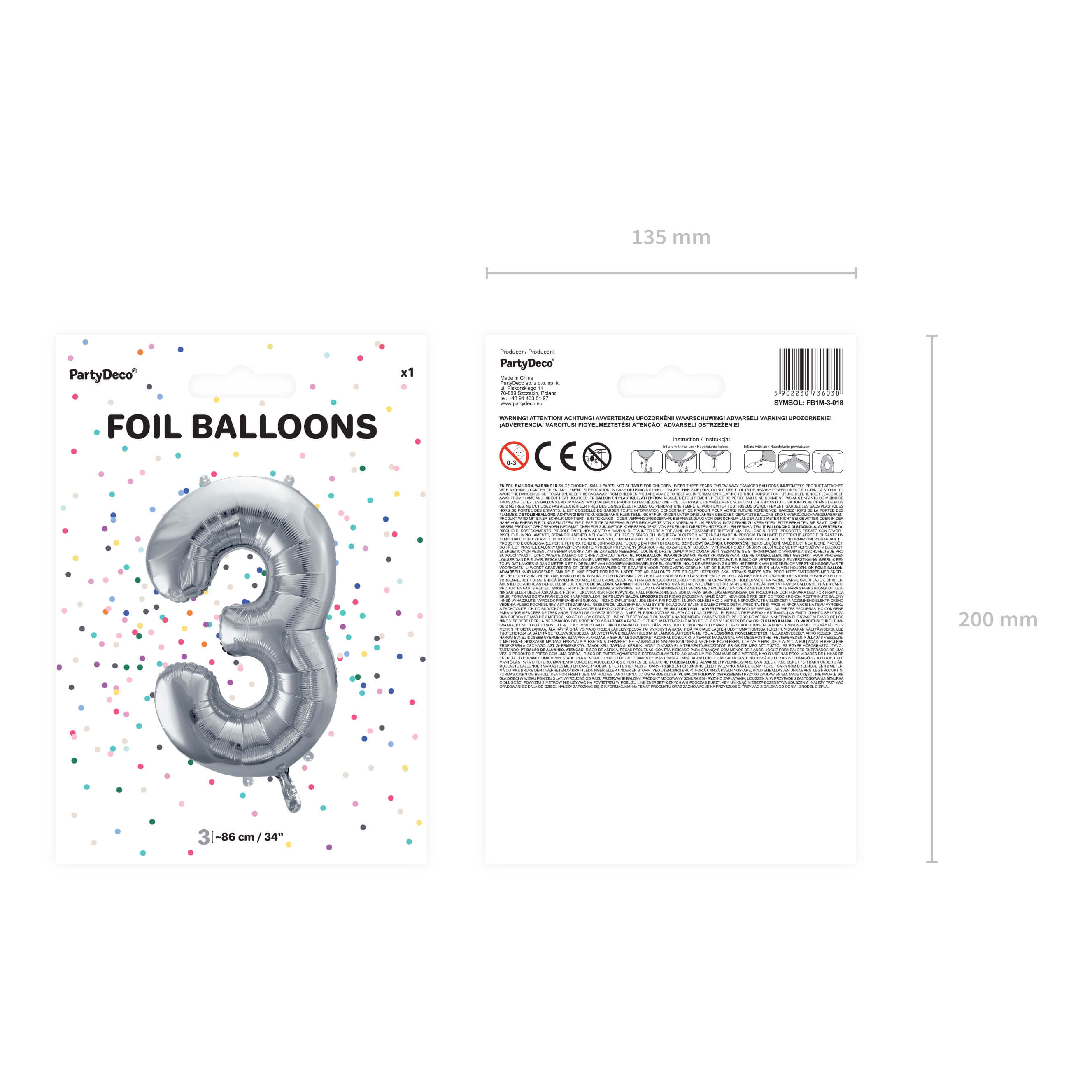 Folienballon Zahl 3 Silber, 86cm