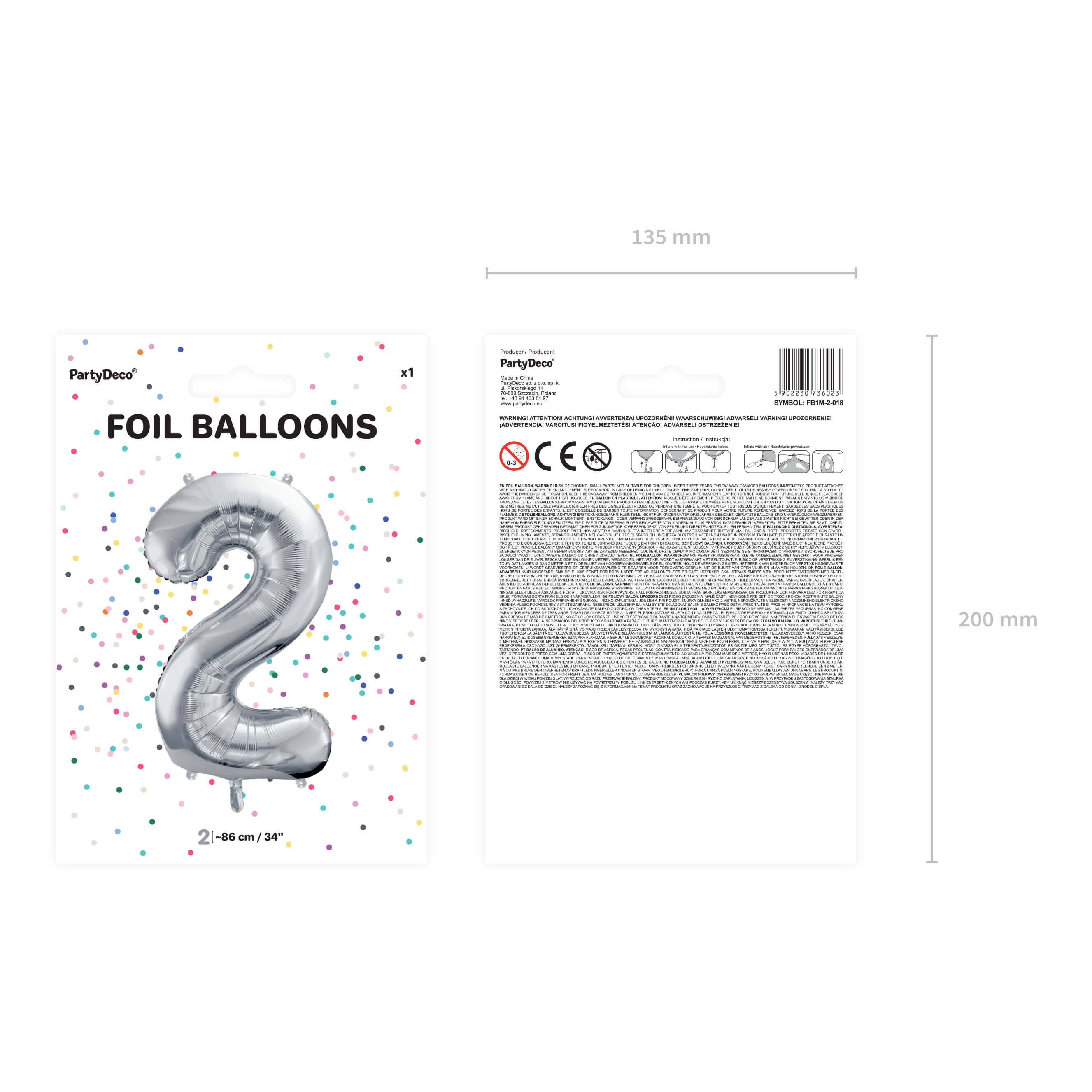 Folienballon Zahl 2 Silber, 86cm