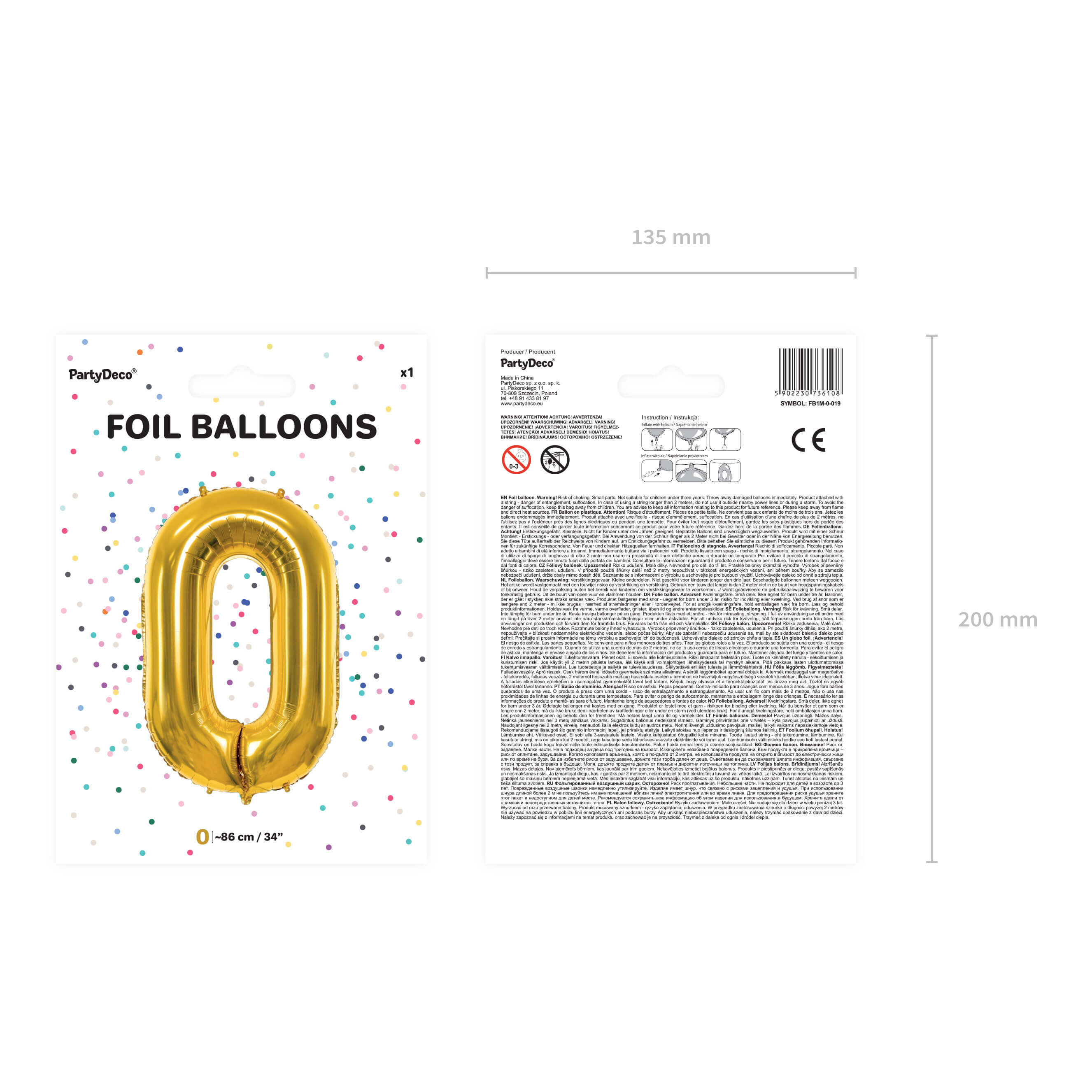 Folienballon Zahl 0 Gold, 86cm