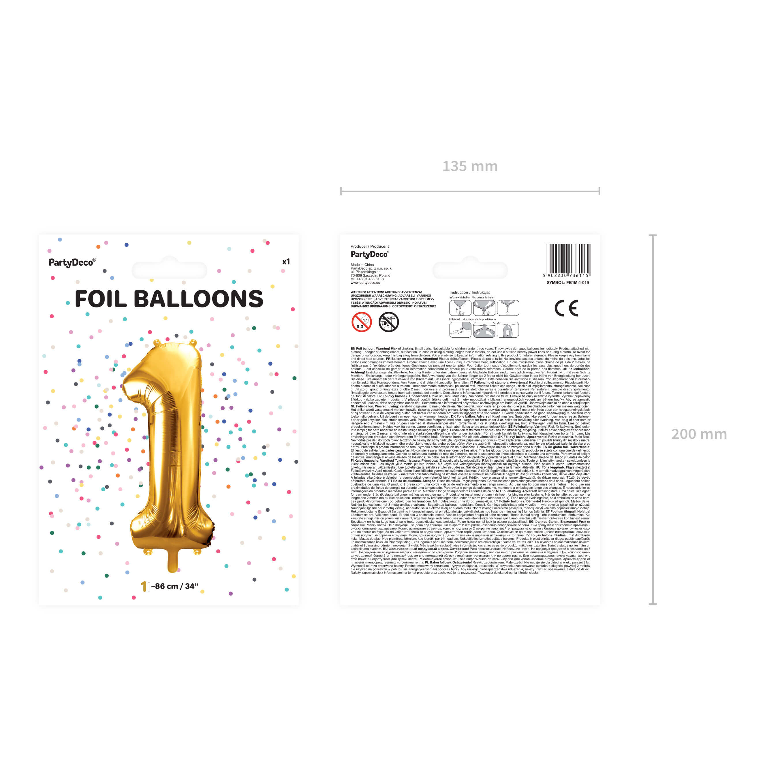 Folienballon Zahl 1 Gold, 86cm