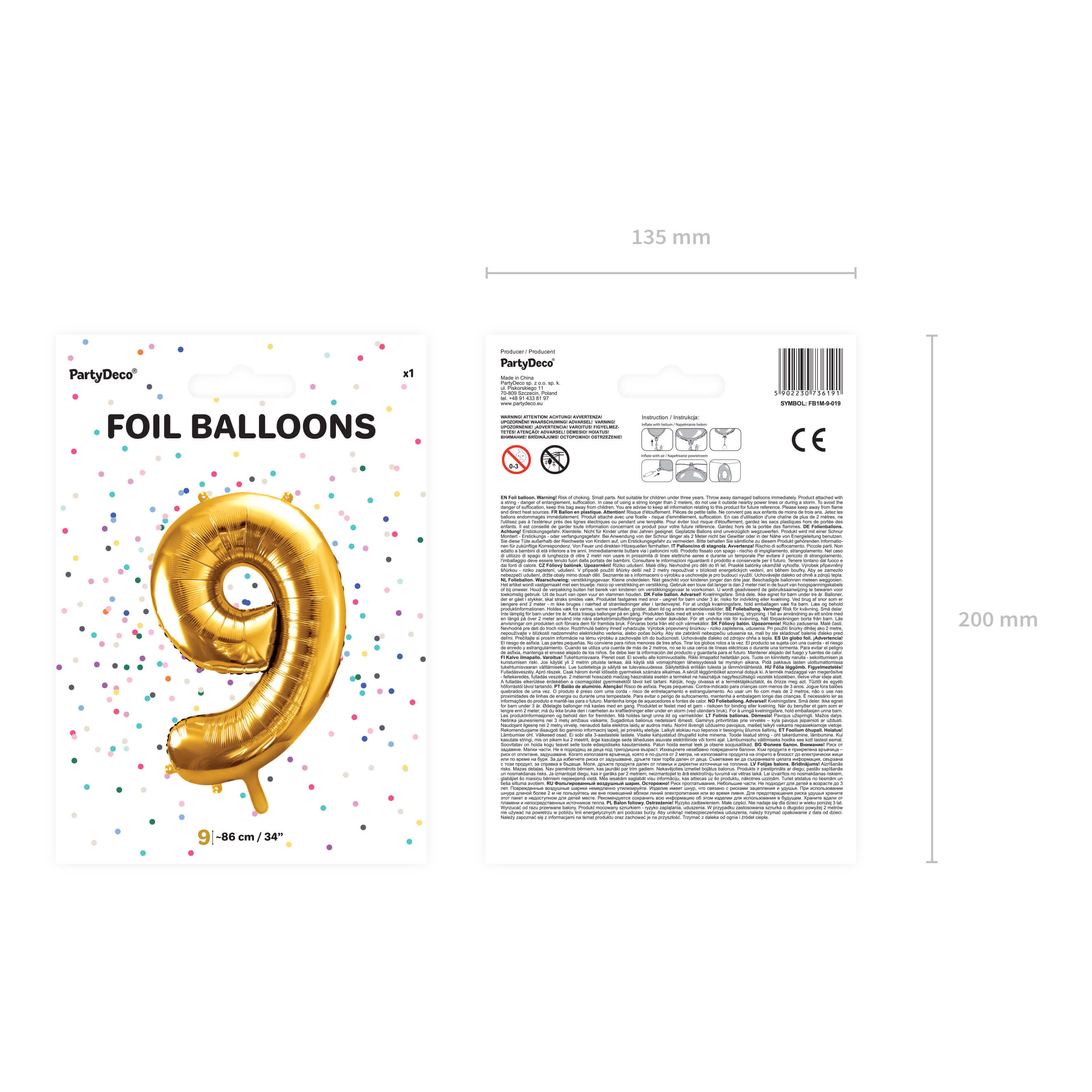 Folienballon Zahl 9 Gold, 86cm