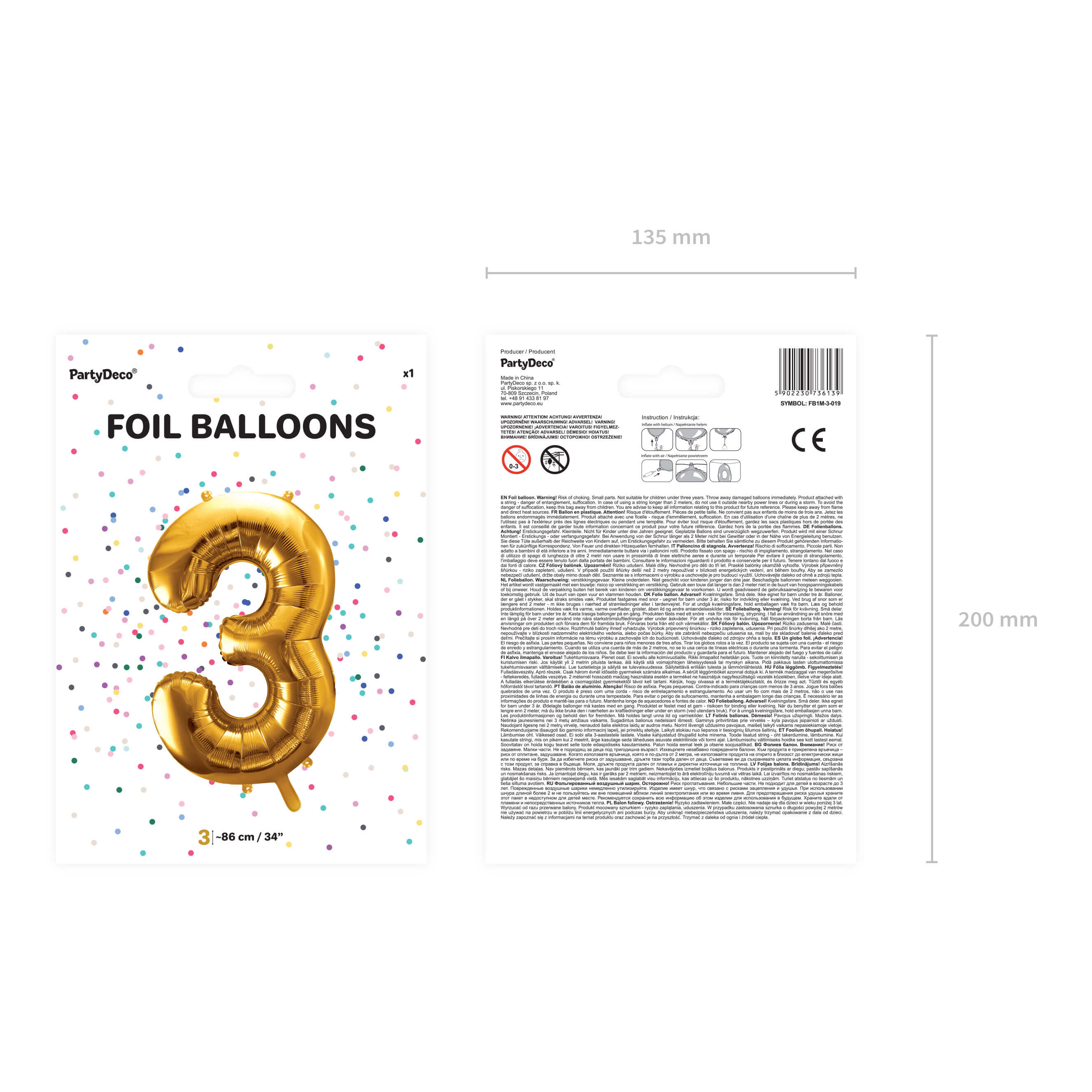 Folienballon Zahl 3 Gold, 86cm
