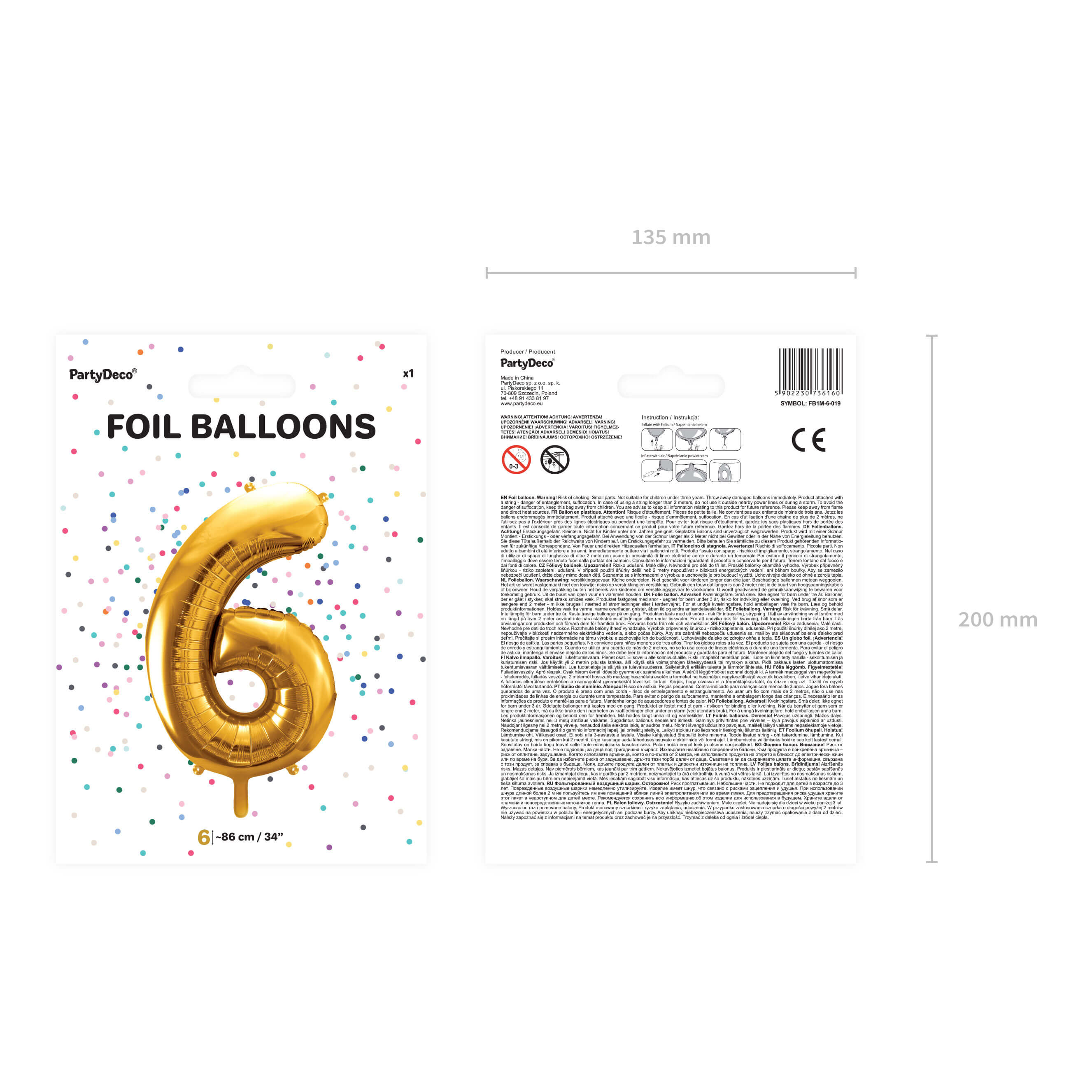 Folienballon Zahl 6 Gold, 86cm