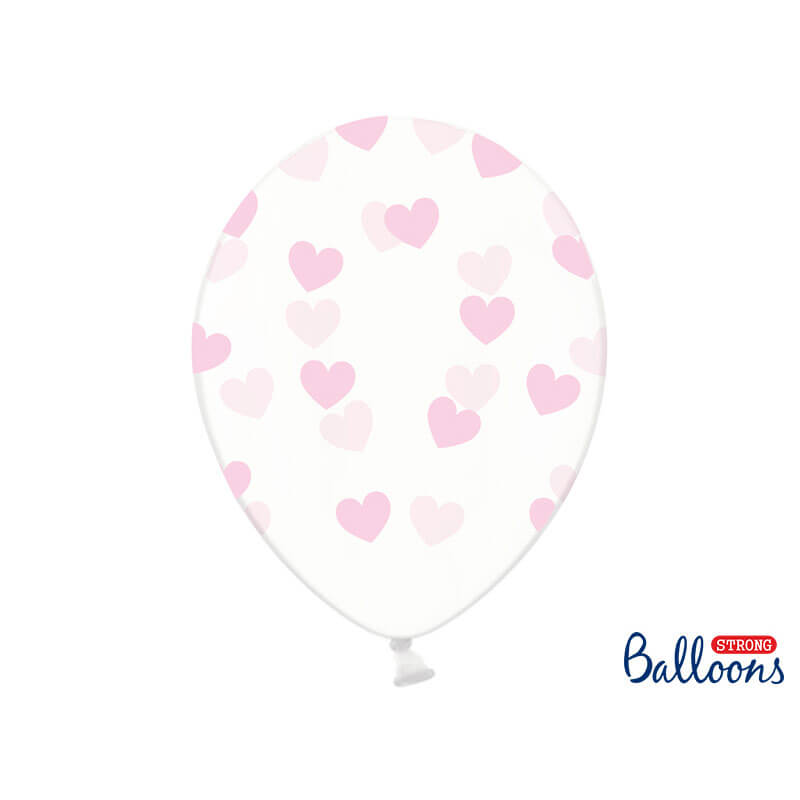 Luftballons transparent mit pinken Herzen, 6 Stück