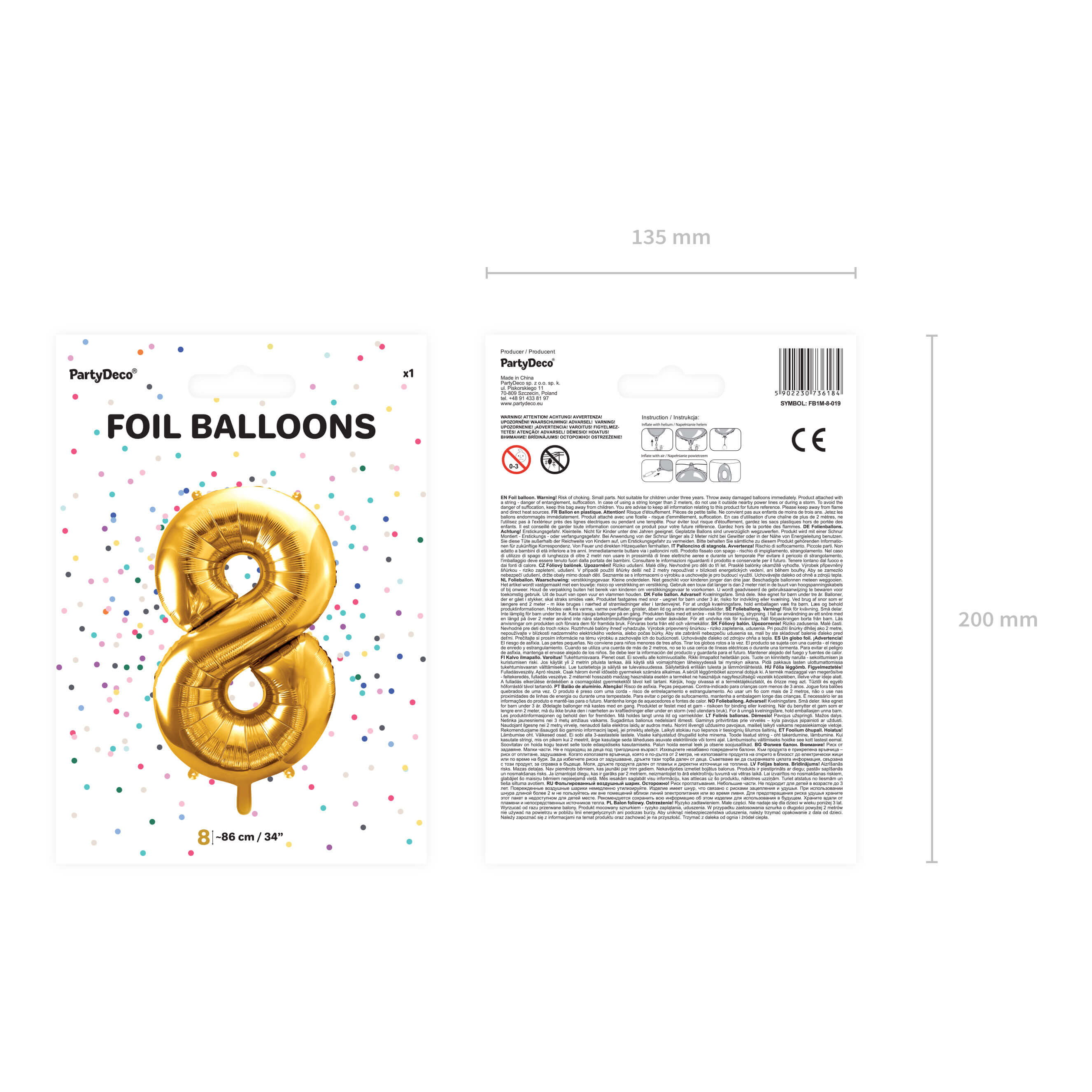 Folienballon Zahl 8 Gold, 86cm